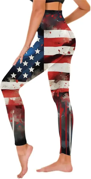 Womens High Waist American Flag Leggings Soft USA Flag Patriotic Tights Stretchy Workout Gym Yoga Pants