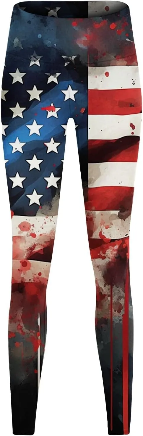 Womens High Waist American Flag Leggings Soft USA Flag Patriotic Tights Stretchy Workout Gym Yoga Pants