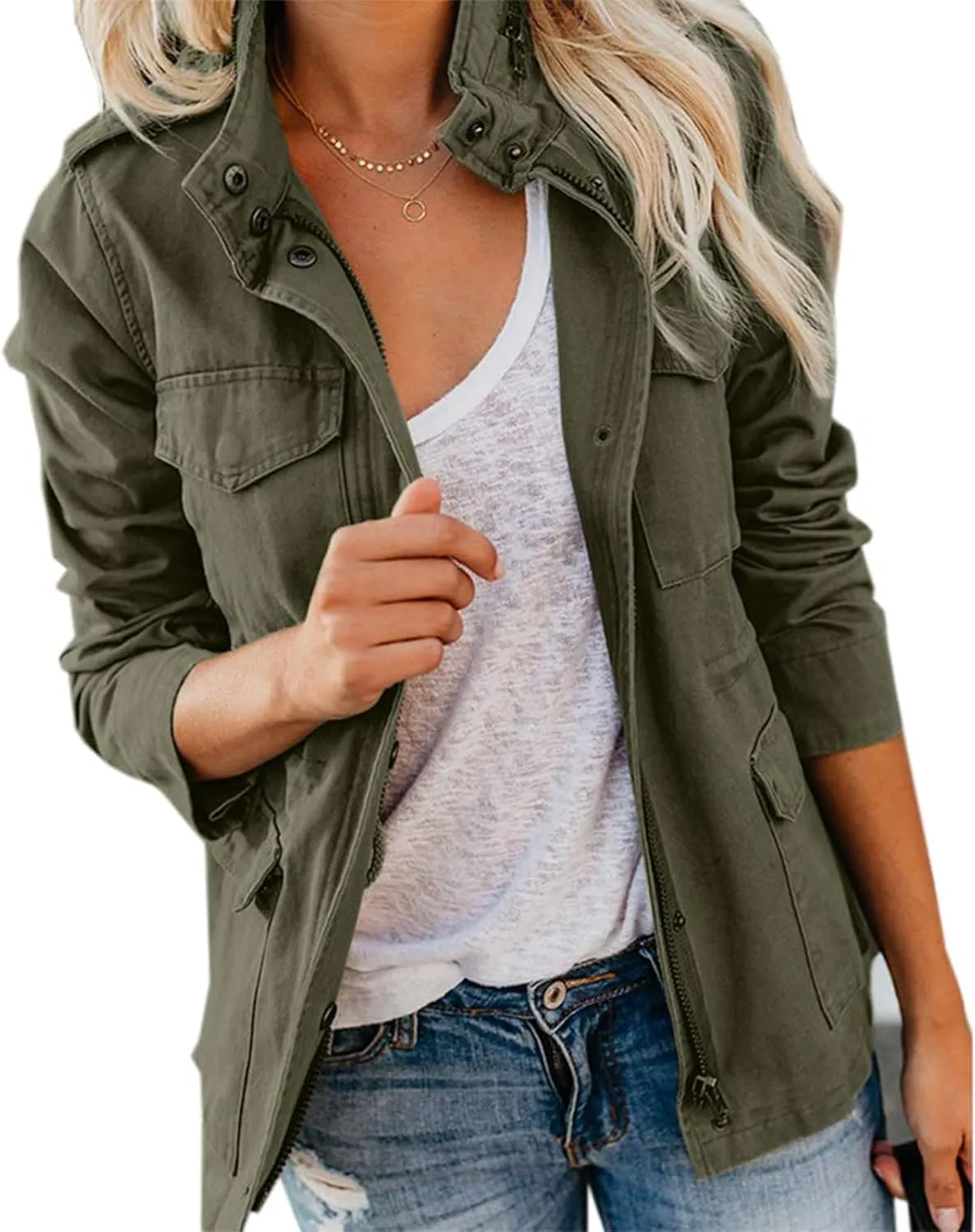 Womens Military Jacket Zip Up Snap Buttons Lightweight Parka Jacket Casual Safari Utility Anorak Jacket Coat Outwear
