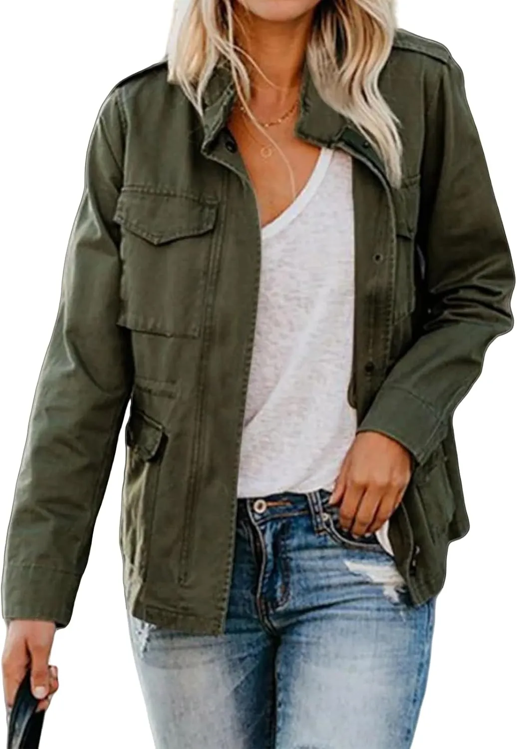 Womens Military Jacket Zip Up Snap Buttons Lightweight Parka Jacket Casual Safari Utility Anorak Jacket Coat Outwear