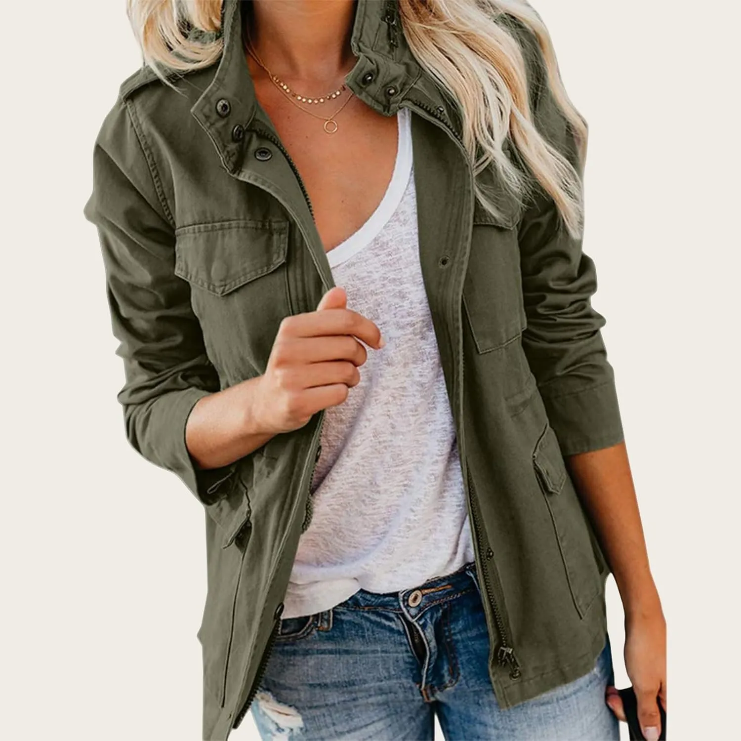 Womens Military Jacket Zip Up Snap Buttons Lightweight Parka Jacket Casual Safari Utility Anorak Jacket Coat Outwear