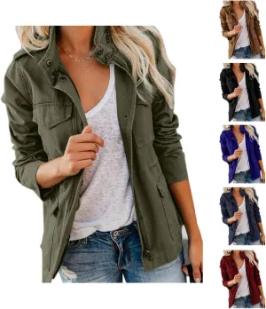 Womens Military Jacket Zip Up Snap Buttons Lightweight Parka Jacket Casual Safari Utility Anorak Jacket Coat Outwear