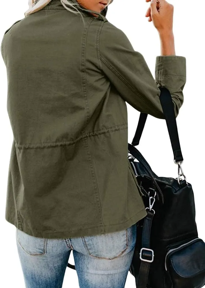 Womens Military Jacket Zip Up Snap Buttons Lightweight Parka Jacket Casual Safari Utility Anorak Jacket Coat Outwear