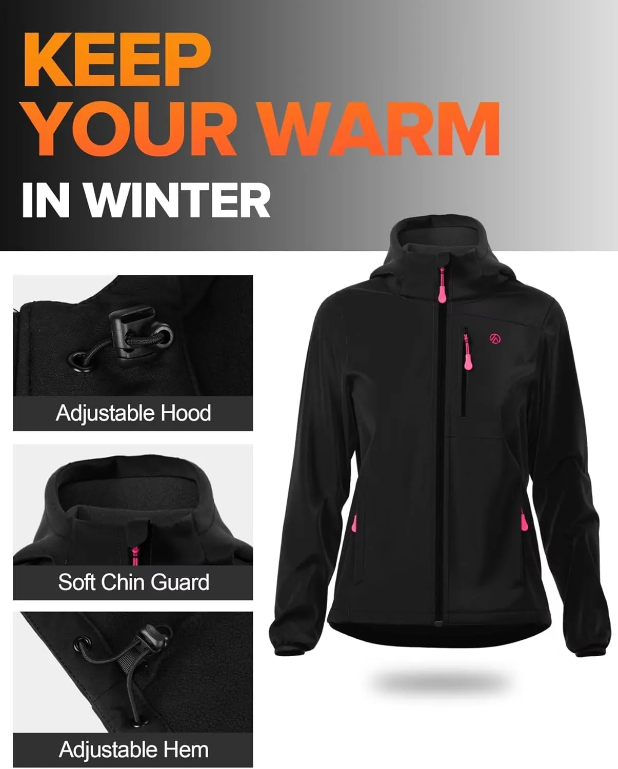 Women's Softshell Jacket with 5 Pockets, Hooded Insulated Windbreaker, Warm Fleece Coat for Hiking Camping Cycling