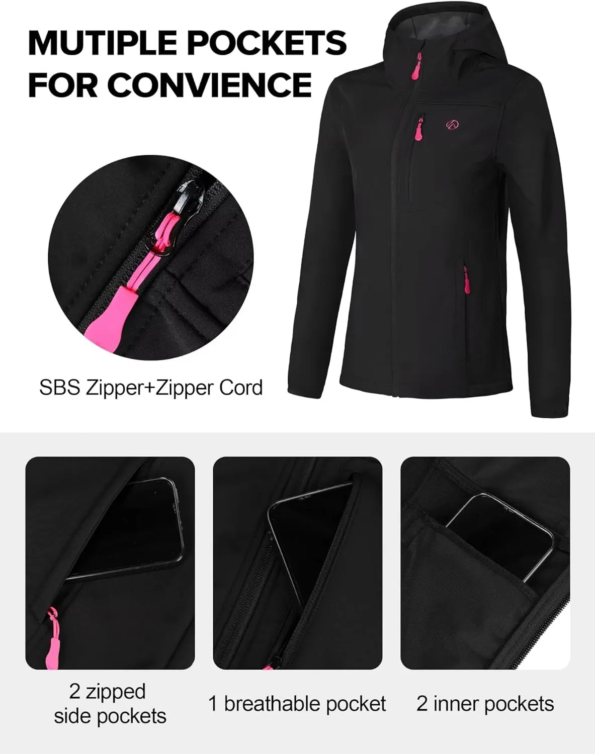 Women's Softshell Jacket with 5 Pockets, Hooded Insulated Windbreaker, Warm Fleece Coat for Hiking Camping Cycling
