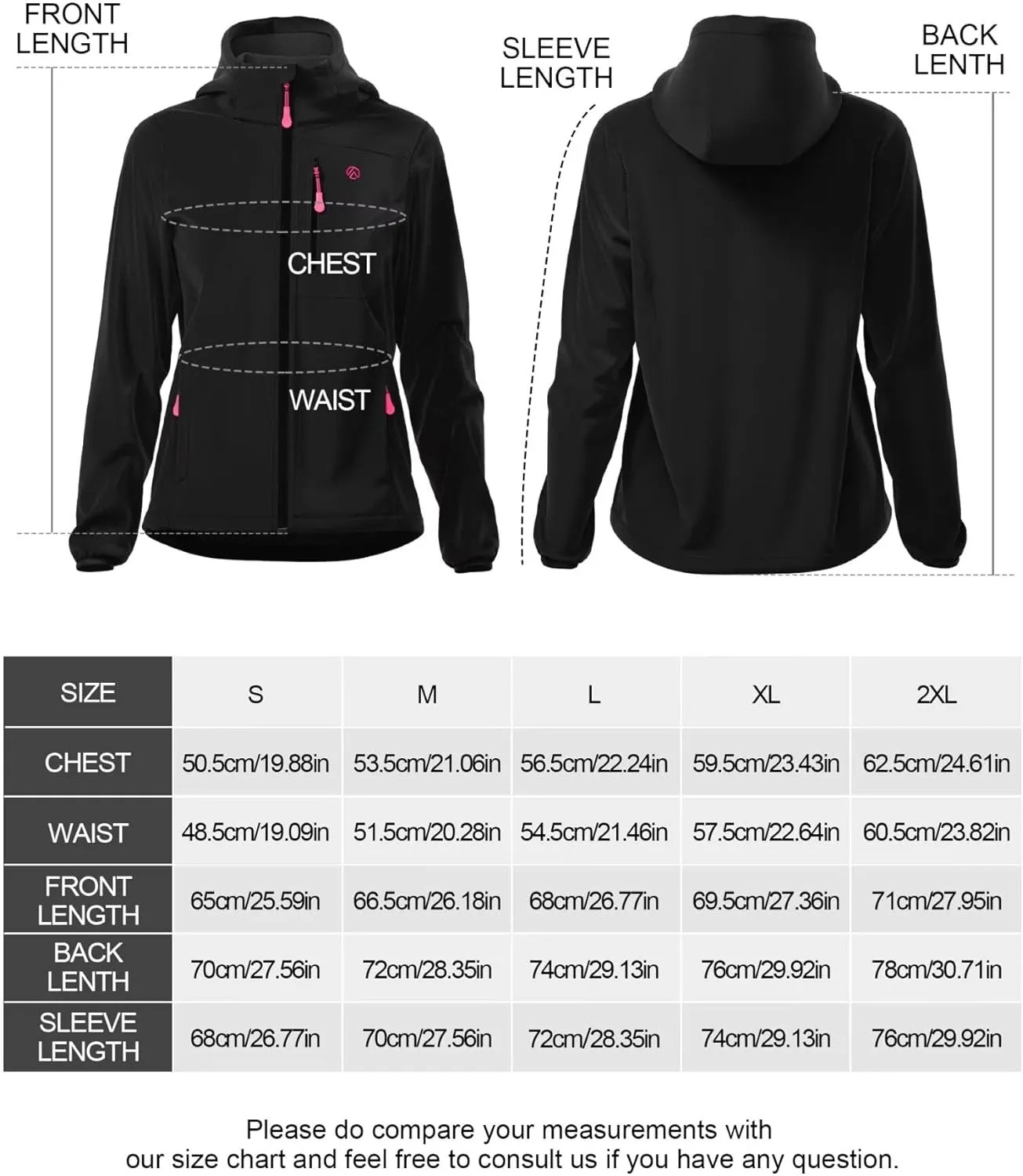 Women's Softshell Jacket with 5 Pockets, Hooded Insulated Windbreaker, Warm Fleece Coat for Hiking Camping Cycling