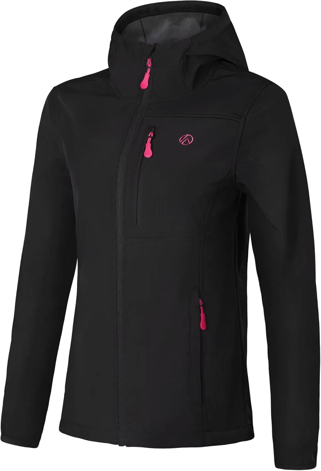 Women's Softshell Jacket with 5 Pockets, Hooded Insulated Windbreaker, Warm Fleece Coat for Hiking Camping Cycling